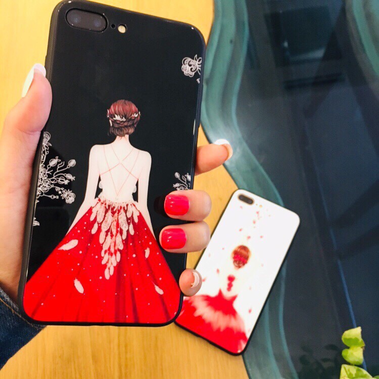 Ốp lưng iphone - ốp lưng kính iphone hình cô gái váy đỏ mặt lưng bóng dành cho ip 6 đến 14promax - k251