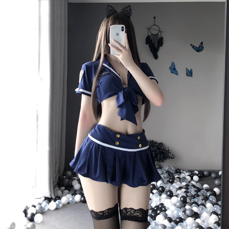  Sexy Lingerie Sexy Policewoman Cosplay Costume Lace Top Pleated Bow-knot Cute Skirt Uniform Temptation Set