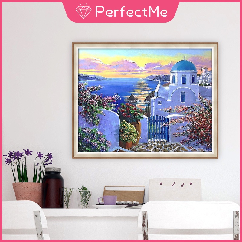 Bộ Tranh Đính Đá 5D Họa Tiết Phong Cảnh Santorini Độc Đáo DIY 50x40cm
