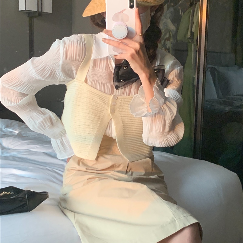 SUXI Set Áo Sơ Mi Dài Tay Trong Suốt + Áo Len Không Tay Phong Cách Hàn Quốc Dành Cho Nữ