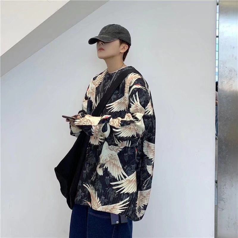 Áo Sweater Dệt Kim Dáng Rộng In Hình Chim Hạc Phong Cách Hàn Quốc Thời Trang Xuân Thu Năm 2021 Cho Nam