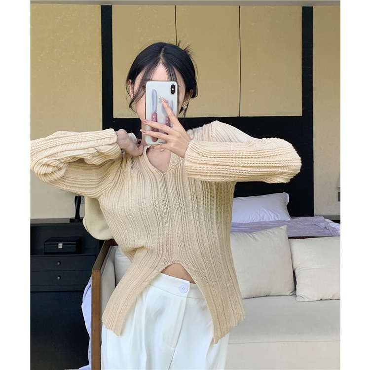 Áo Dệt Kim Tay Dài Cổ Chữ V Xẻ Tà Dáng Ôm Phong Cách Hàn Quốc Cổ Điển Thời Trang Cho Nữ