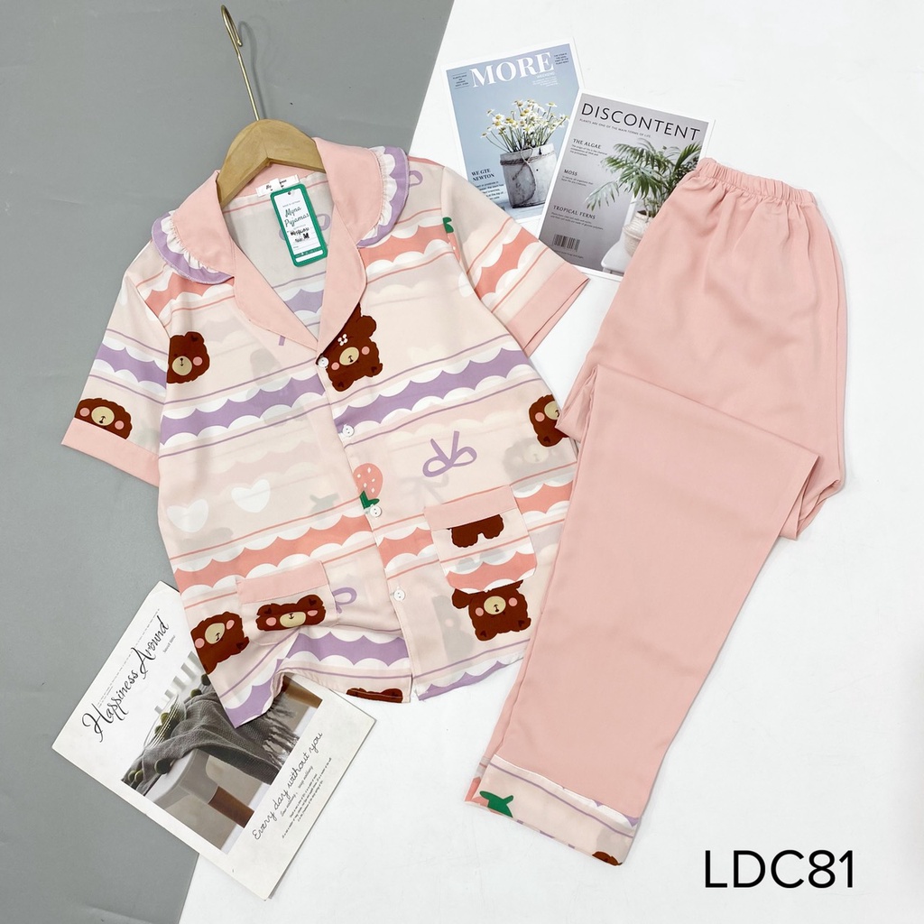 Bộ pijama lụa mango cộc dài cổ bèo