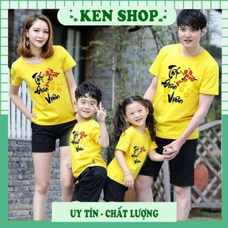 Áo thun gia đình tết đoàn viên màu vàng cây mai đào cổ tròn ảnh thật bao đẹp