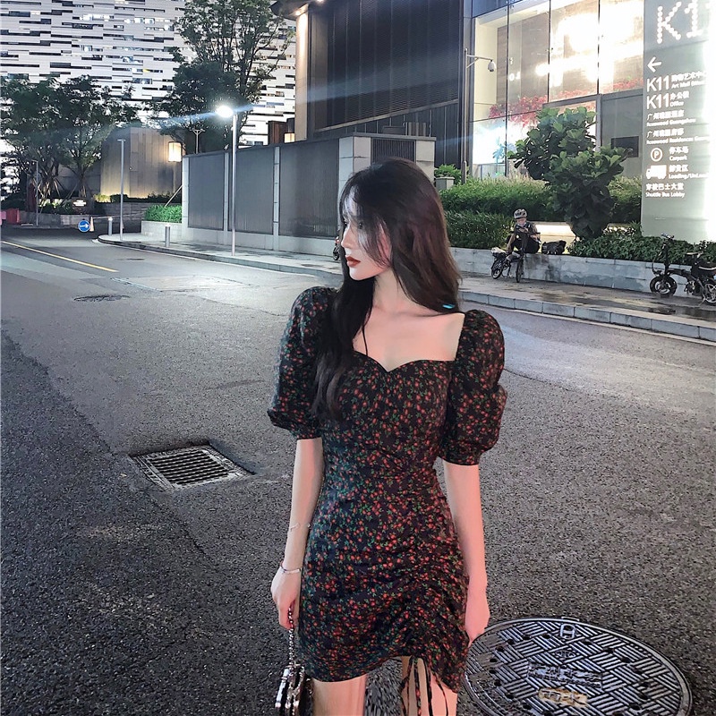 Đầm IELGY tay ngắn cổ vuông dây rút phong cách thời trang Hàn Quốc cho nữ
