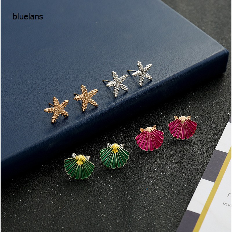 Set 4 Khuyên Tai Tạo Hình Vỏ Sò / Sao Biển / Ngọc Trai Giả Thời Trang Cho Nữ