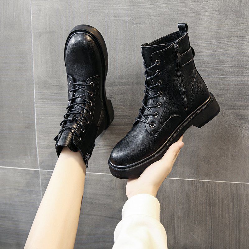 Boot nữ, bốt cao cổ da lì có đai cạnh độn đế ôm chân cực tôn dáng
