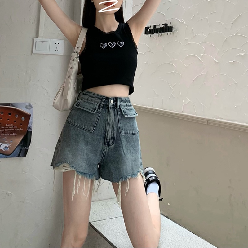 Quần Short Denim Nữ Lưng Cao Rách Gối Thời Trang
