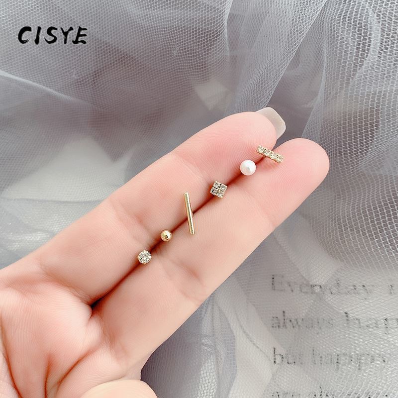 6 cái / bộ bông tai hình học tối giản bộ 925 bạc kim đậu đơn giản zircon tai tragus sụn đinh tán bông tai