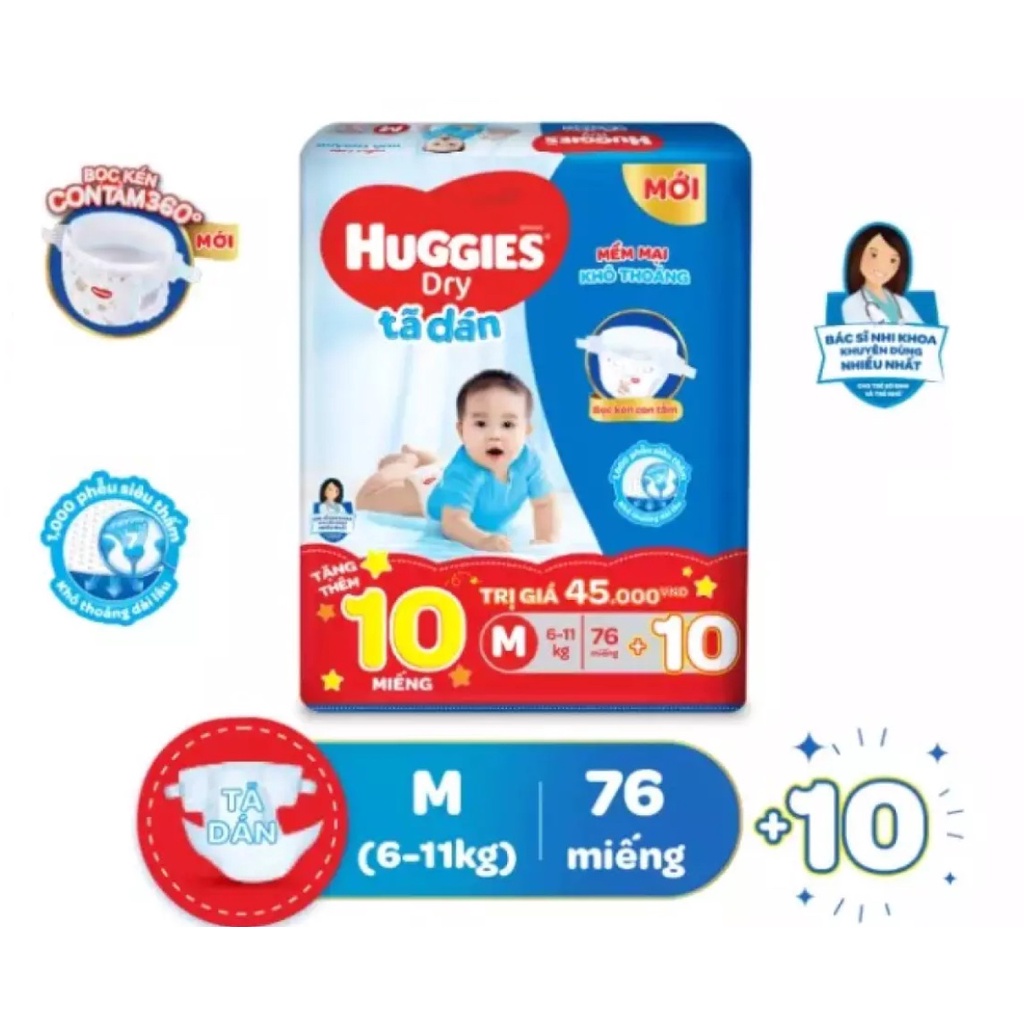 (Mẫu Đệm Mây) Bỉm Huggies Dán Size M76/L68/XL62/Xxl56