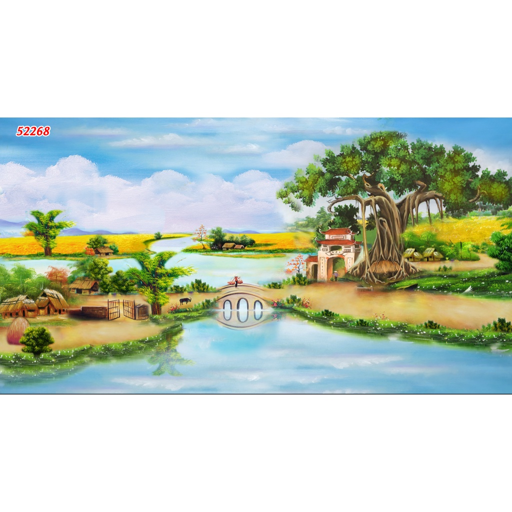 Tranh Đồng Quê Việt Nam, hòn non bộ, lũy tre Lụa 3D Cao Cấp Dán Tường