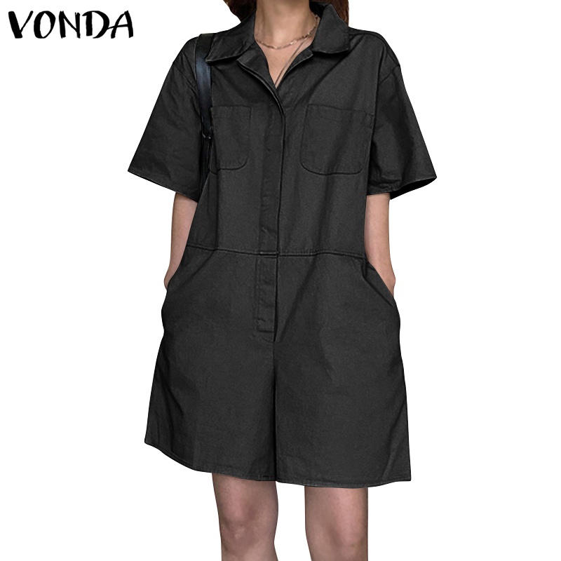 Jumpsuit Vonda tay ngắn màu trơn cài nút thời trang mùa hè hàn quốc cho nữ