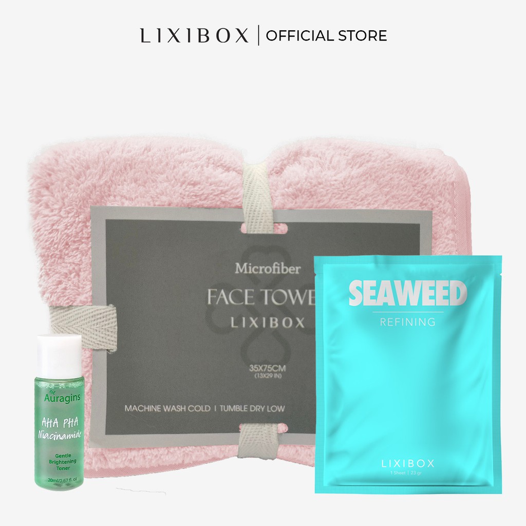 [HB GIFT] Combo Khăn Mặt Lixibox Light Pink, Nước cân bằng The Auragins 20ml và mặt nạ dưỡng da Lixibox Seaweed 23gr