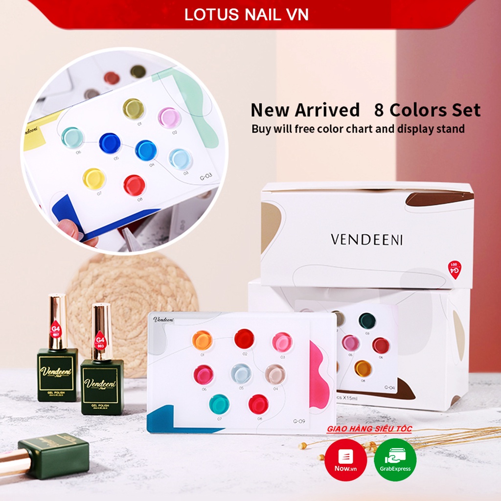 Set sơn gel Vendeeni 8 màu cao cấp chai 15ml tặng kèm 2 bảng màu sẵn
