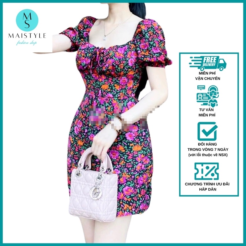 Váy hoa nhí MAISTYLE đầm body hoa nhí tay phồng cổ vuông trễ vai thiết kế đẹp dáng ngắn MY1113 | BigBuy360 - bigbuy360.vn