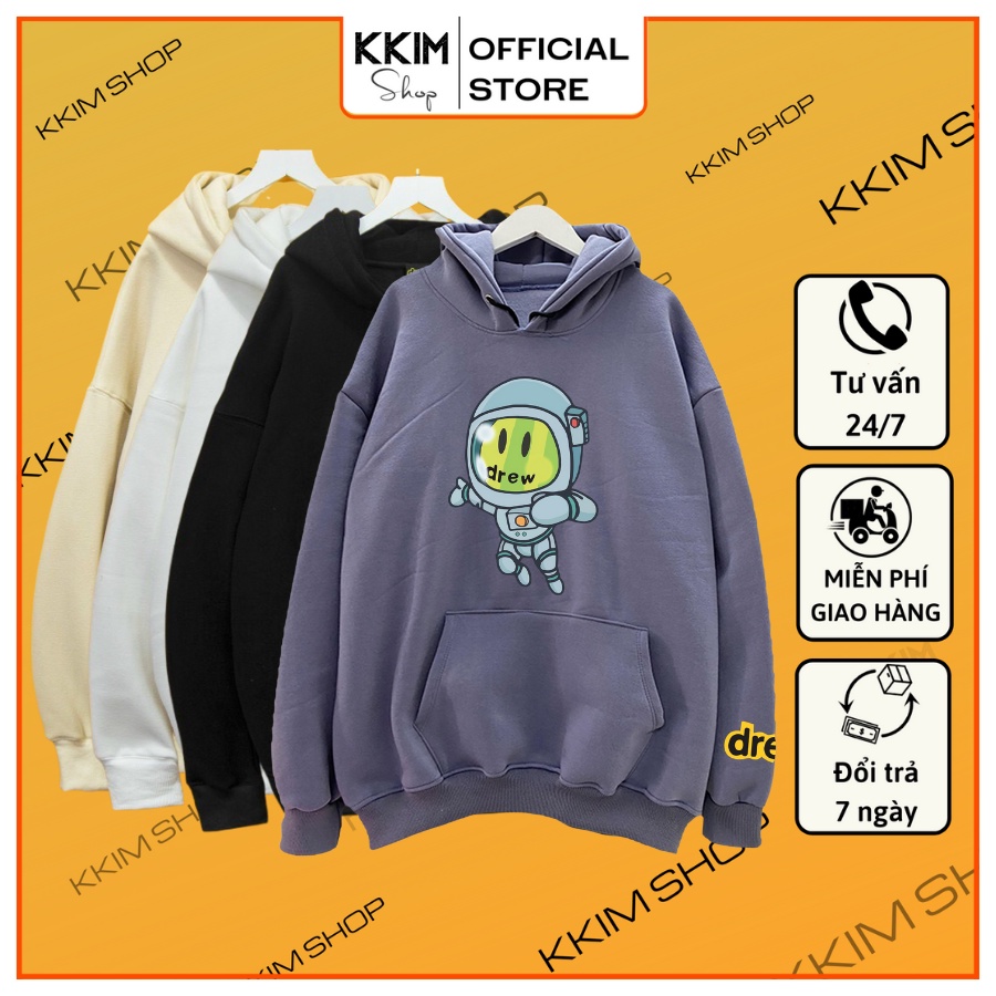 Áo Khoác Nỉ HOODIE Drew [Phi Hành Gia], Form RỘNG oversize, màu xám khói xanh, be, nỉ bông Cao Cấp Unisex - KKIMshop