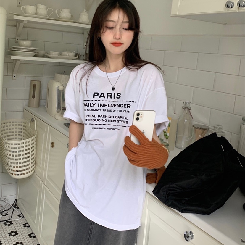 Áo Thun Tay Ngắn Form Rộng In Chữ Kiểu Dáng Đơn Giản