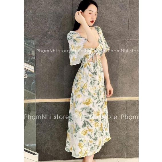 VÁY HOA XANH CÚP NGỰC ĐAN DÂY NỮ