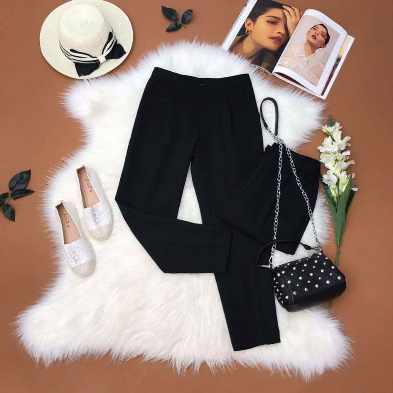 Quần tây đen nữ lưng thun phía sau dây kéo trước dáng baggy Marni
