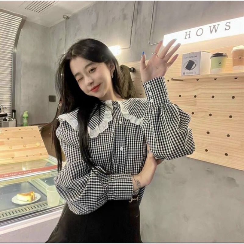 Áo sơ mi kẻ caro cổ 2 tầng bèo phối ren- dáng BABYDOLL MS267