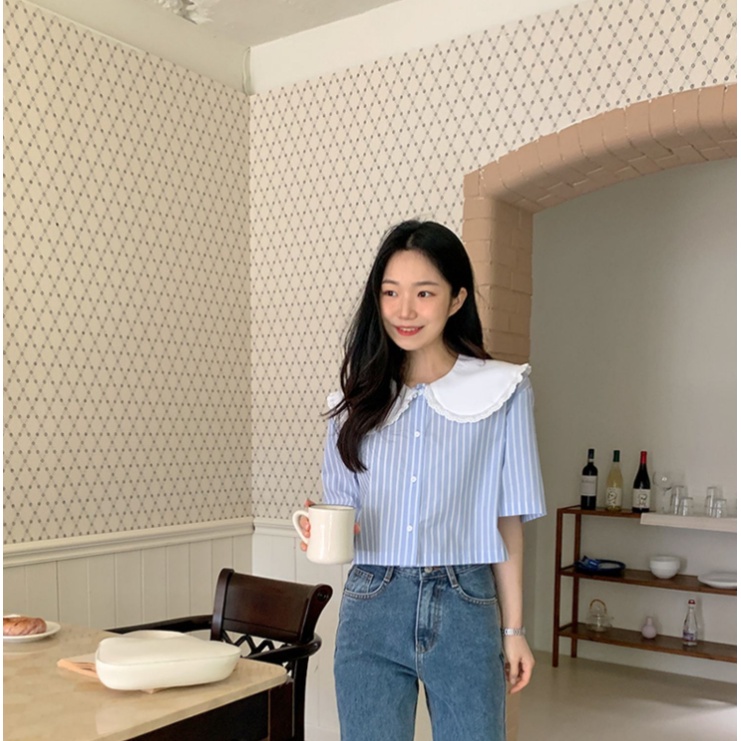Áo sơ mi SUXI ngắn tay cổ búp bê họa tiết kẻ sọc màu trơn phong cách Hàn Quốc thời trang mùa hè cho nữ