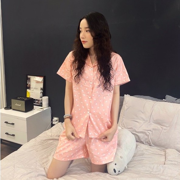 [SIÊU HOT] BỘ NGỦ PIZAMA đùi tay ngắn họa tiết hồng tim siêu hot