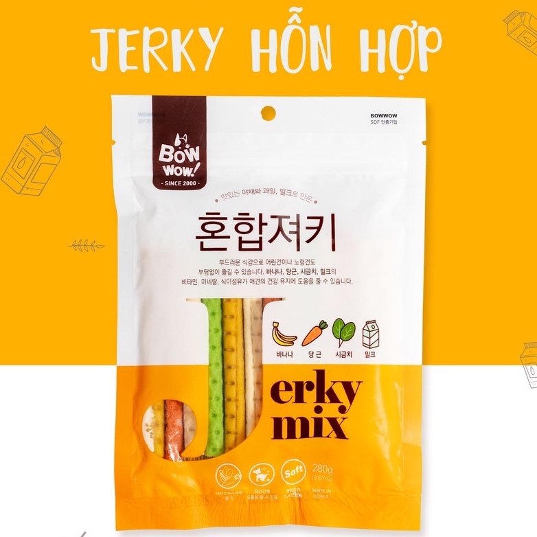 [DINH DƯỠNG CAO] JERKY HỖN HỢP CHO CHÓ BOWWOW BỊCH 280G - ĂN VẶT CHO CHÓ MÈO - BÁNH THƯỞNG CHO CHÓ MÈO