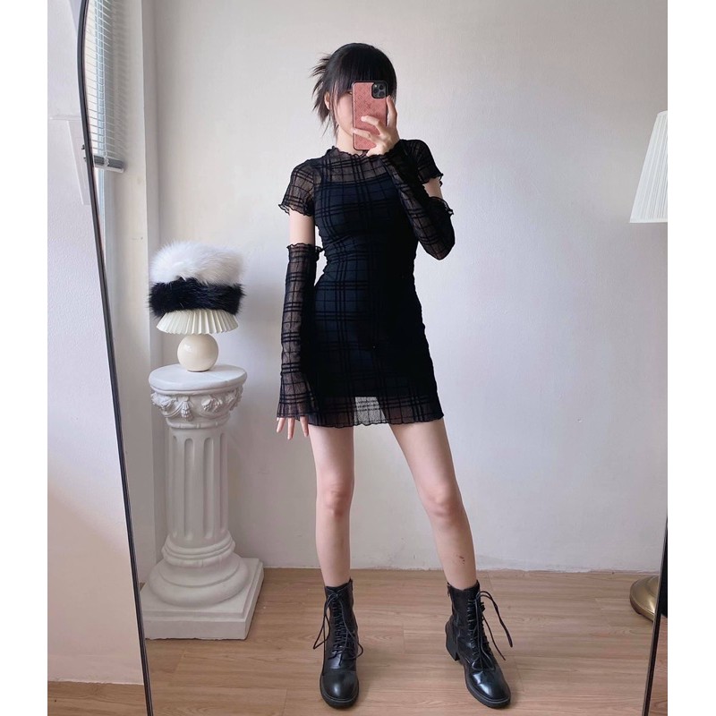 [Có sẵn] [Ảnh thật] Váy lưới kẻ caro tay dài rời | BigBuy360 - bigbuy360.vn