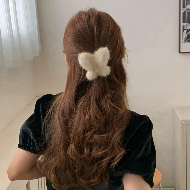 Kẹp Tóc Hình Bướm / Cá Mập Phủ Lông Phong Cách Hàn Quốc Dễ Thương Thời Trang Cho Bé