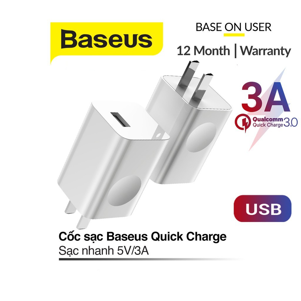 Củ sạc nhanh 3A Baseus Quick Charge chuôi dẹt chất liệu PC + ABS cho Iphone/Ipad/Samsung/Huawei/Xiaomi