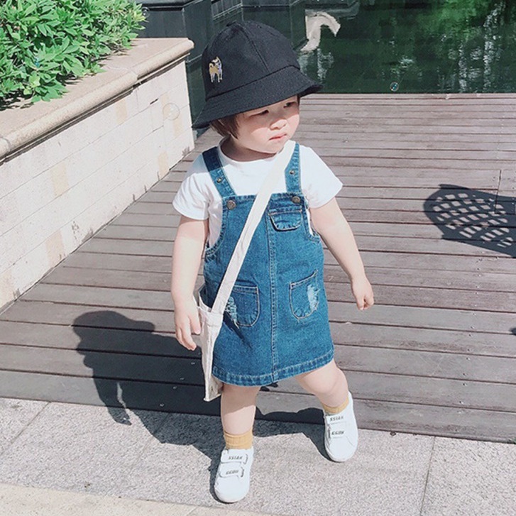 Đầm Yếm Denim Dáng Suông Có Túi Phong Cách Hàn Quốc Cho Bé Gái