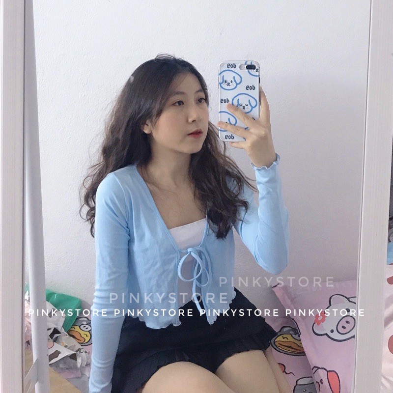 (Chưa kèm áo trong) Áo croptop tay dài cột nơ màu xanh