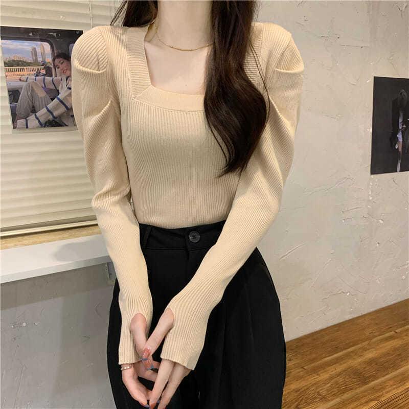 Áo sweater Cổ Vuông Tay Dài Màu Xanh Dương Phong Cách Pháp Thời Trang Mùa Xuân 2022 Mới