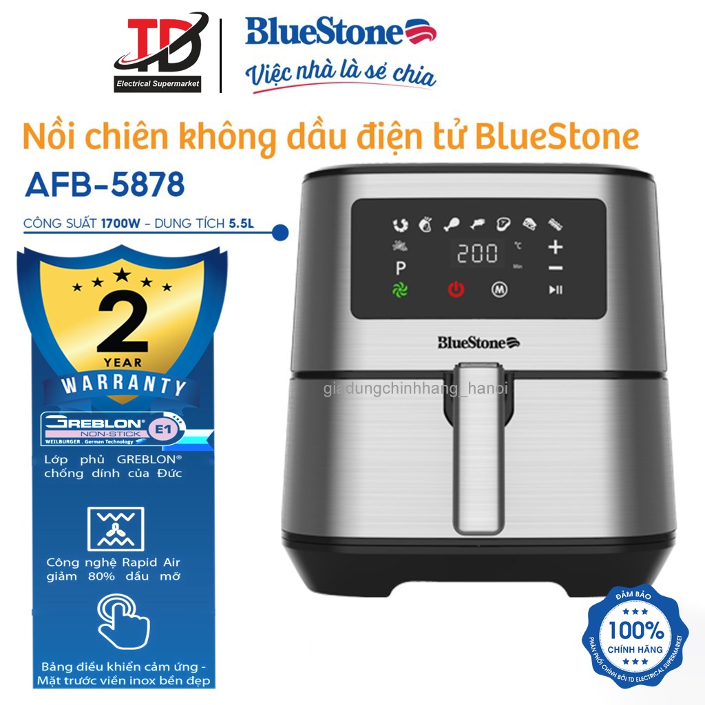 Nồi chiên không dầu điện tử BlueStone AFB-5878 - 5.5 Lít, Công nghệ làm nóng Rapid Air, Bảo hành chính hãng 2 năm