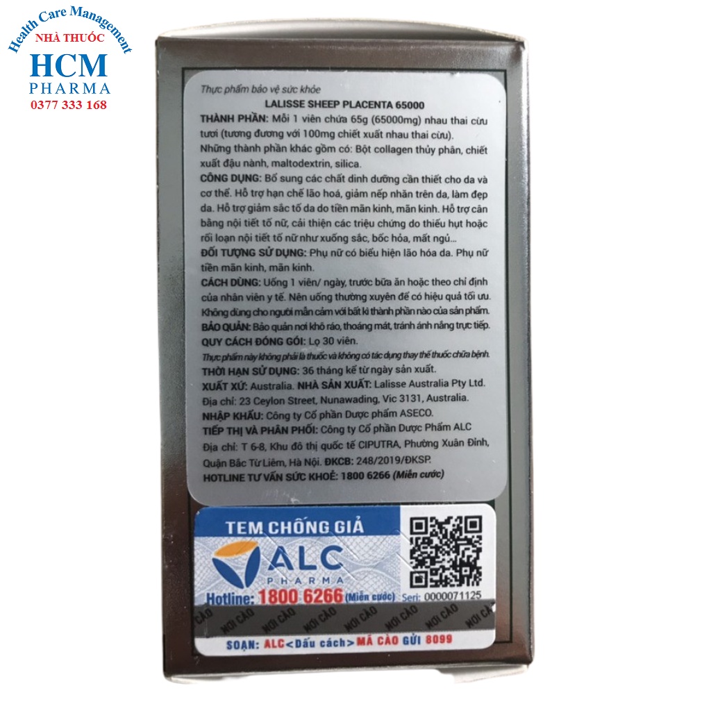 Nhau thai cừu Sheep placenta collagen thủy phân peptide Úc LALISSE hỗ trợ làm đẹp trắng sáng mờ thâm 30 - 100 viên ALC02