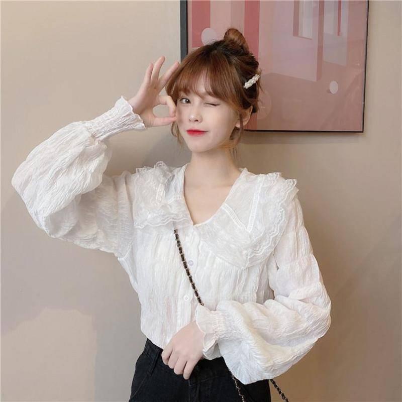 Cute Lace Floral Women Shirt Pleated Doll Lapel Collar Long Sleeve Blouse Student Shirt