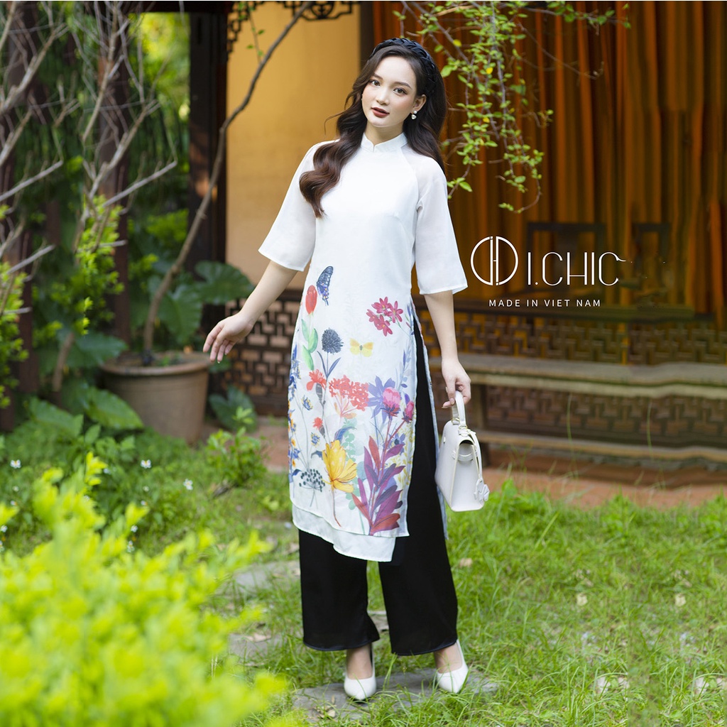 ICHIC - Áo Dài Cách Tân Hương Xuân Trắng Thiết Kế Tơ Cao Cấp