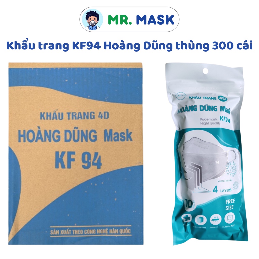 Khẩu Trang Y Tế KF94 4D Hoàng Dũng Mask Thùng 300 Cái, 4 Lớp Kháng Khuẩn, Kháng Bụi, Sản Xuất Theo Công Nghệ Hàn Quốc