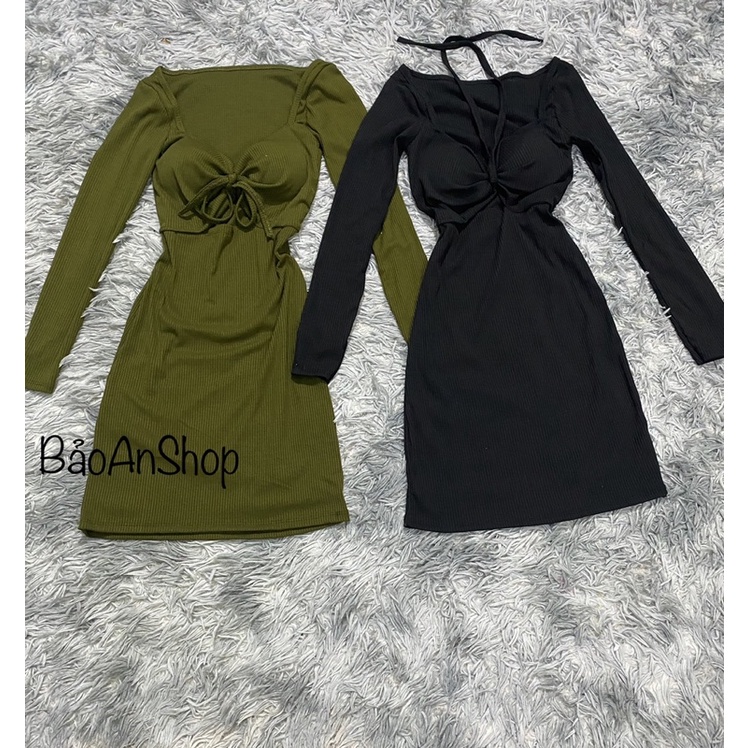Đầm body tay dài kiểu hở vai cổ yếm có mút ngực, chất vải thun gân len 4 chiều FreeSize (Bảo An Shop) | BigBuy360 - bigbuy360.vn