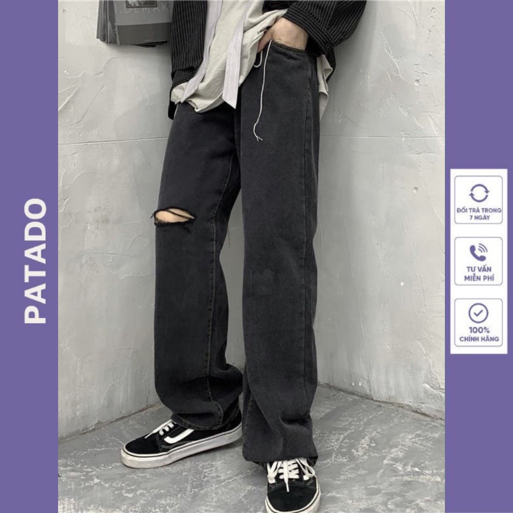 Quần jean nam PATADO dáng baggy ống suông rộng mẫu rách gối mã RG01