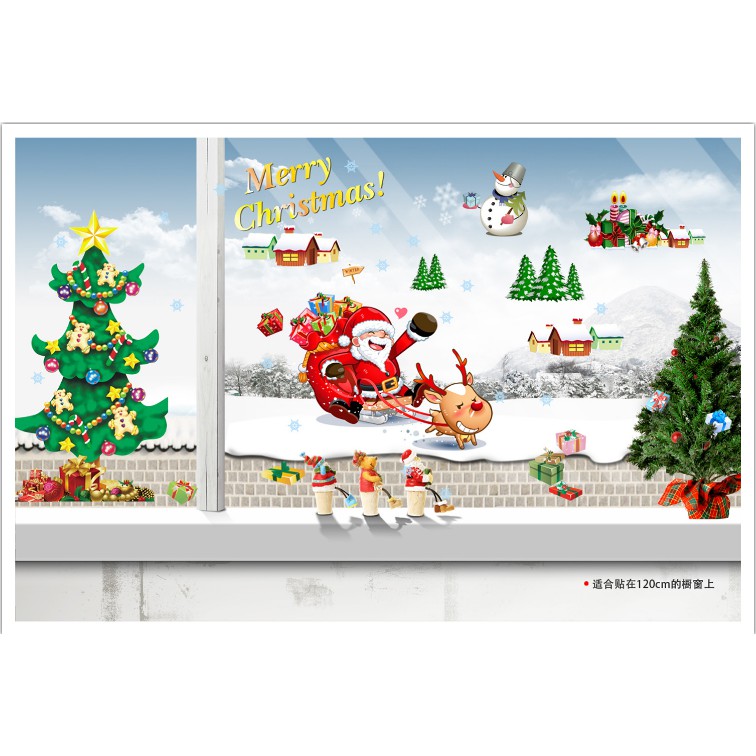 Decal trang trí Noel - Ông già Noel ngồi xe Tuần lộc phát quà
