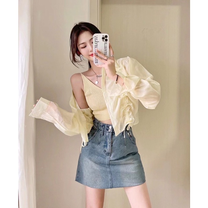 ( Ảnh thật )  A0610 Áo 2 dây len cổ tim ngang lưng