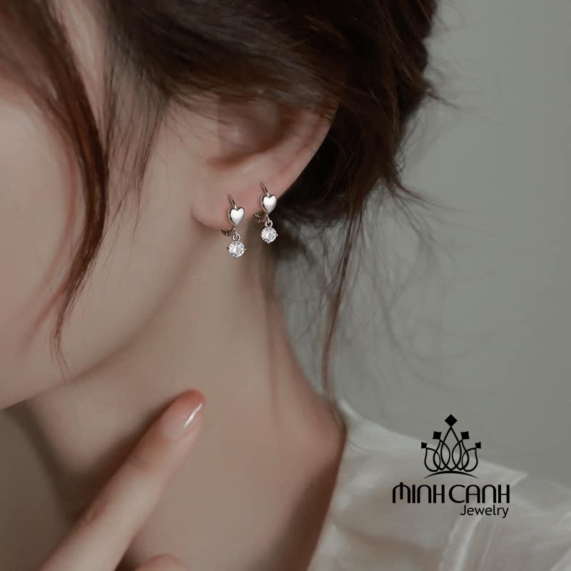 Khuyên Tai Bạc Tim Tròn Nhỏ Treo Đá Minh Canh Jewelry