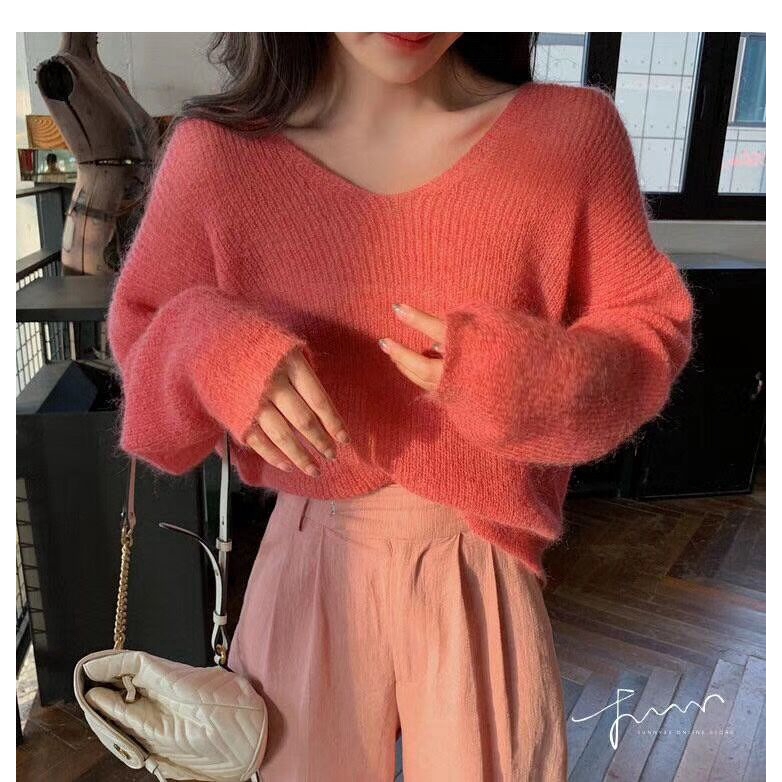 Áo len SUXI cho nữ tay dài cổ chữ V màu trơn thanh lịch