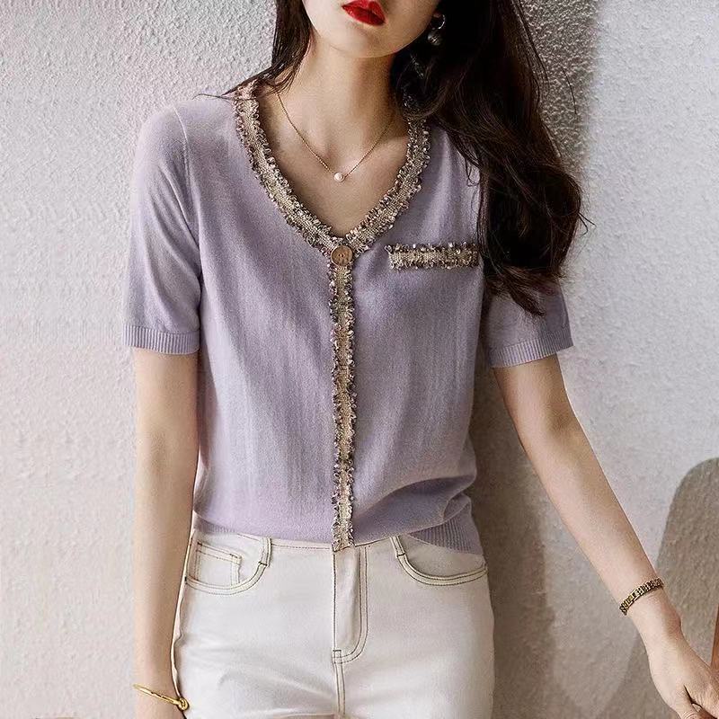 2021 Japan and South Korea Summer Knitted T-shirt, Heavy Industry 3D Knitted Embroidery, Elegant Lavender Knitted T-shirt