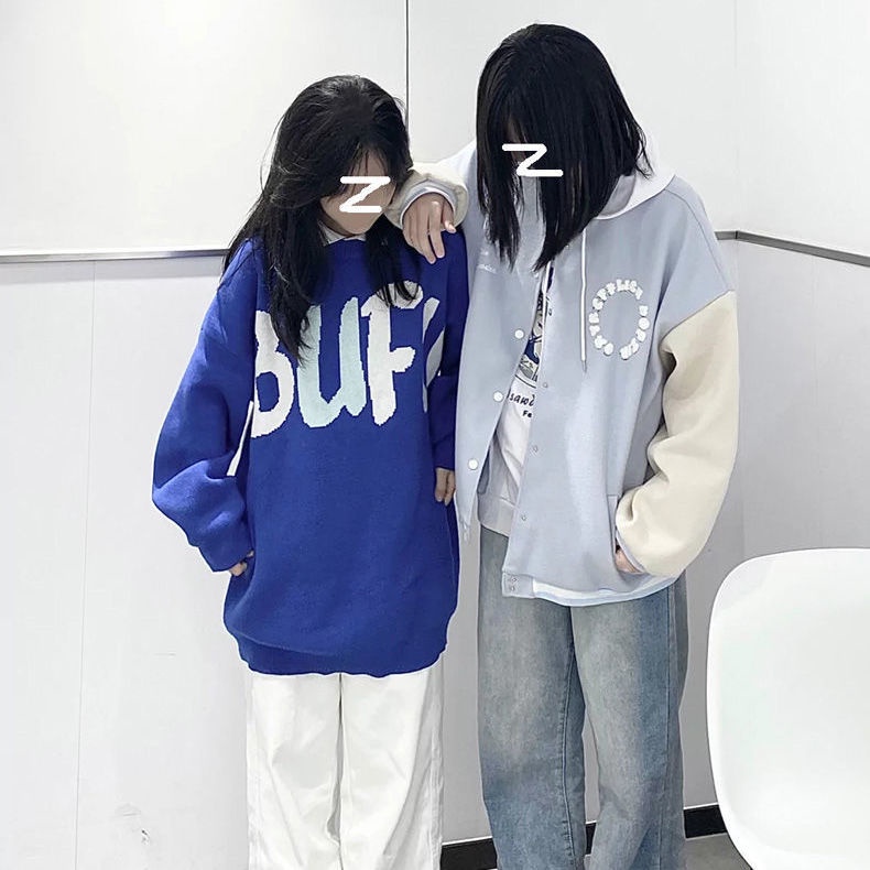 Áo Sweater dệt kim dày dặn dáng rộng in chữ màu xanh dương phong cách Hàn Quốc thời trang mùa đông cho nữ