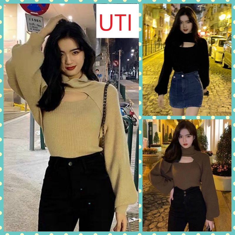 SÉT 2 MÓN THUN GÂN GỒM ÁO KIỂU DÀI TAY KHOÉT PHỐI ÁO 3 LÔ MÀU BE ĐEN NÂU CO GIÃN CỰC CÁ TÍNH UTI SIÊU HOT