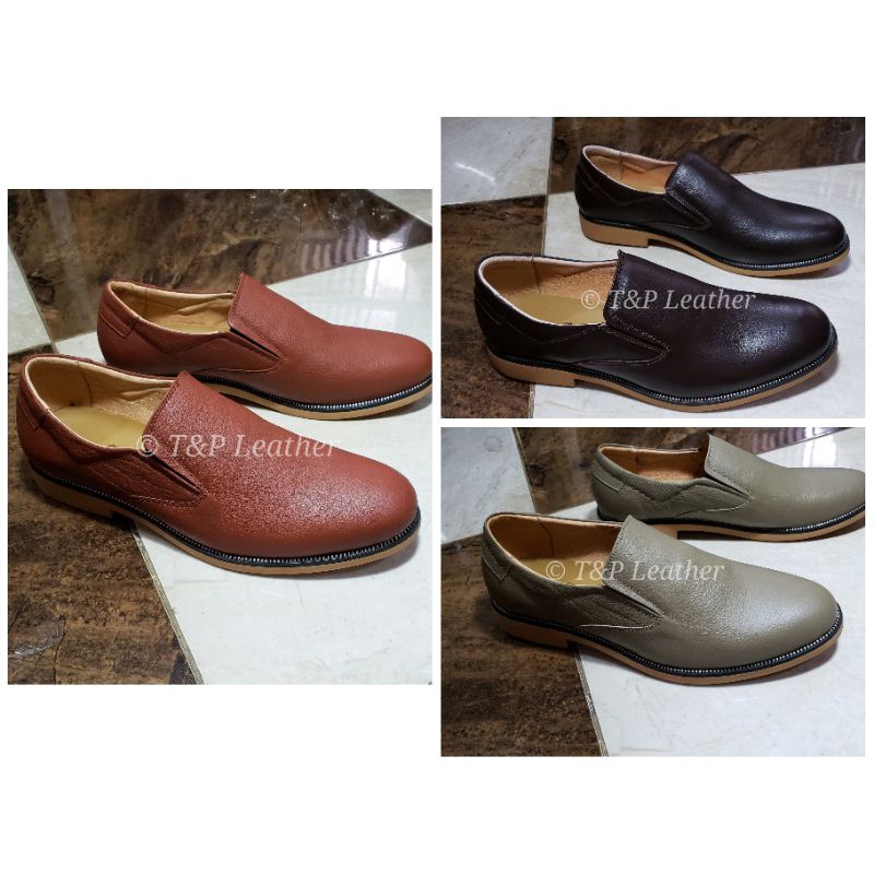 Giầy công sở nam da bò thật màu nâu, màu be đế cao su T&P Leather