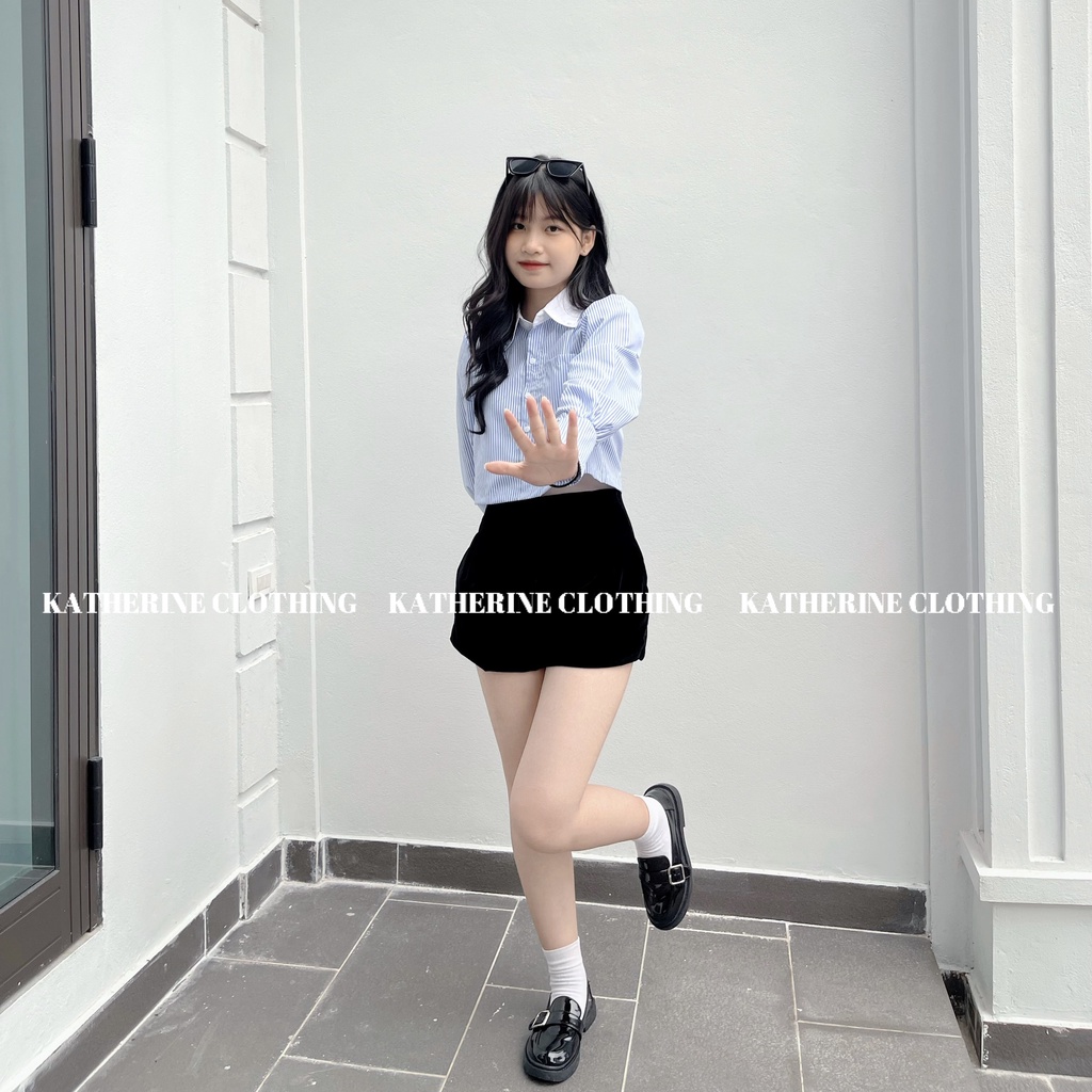 Áo sơ mi nữ kẻ xanh phối cổ trắng, áo sơ mi croptop dáng lửng phong cách trẻ trung, Hàn Quốc - Katherine Clothing