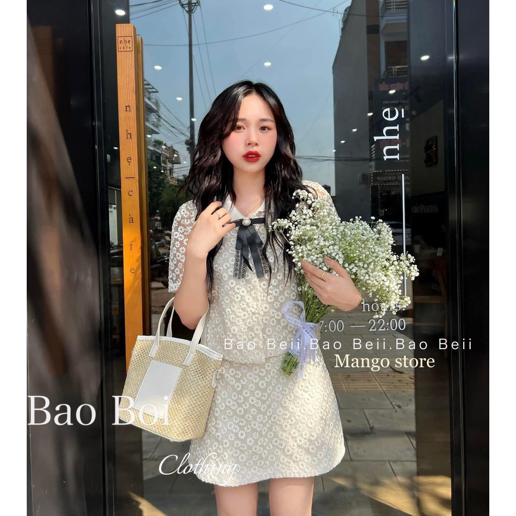 Set nàng thơ áo cài nơ cổ mix chân váy cạp khóa tag rời cúc ngọc đơm tay tỉ mỉ
